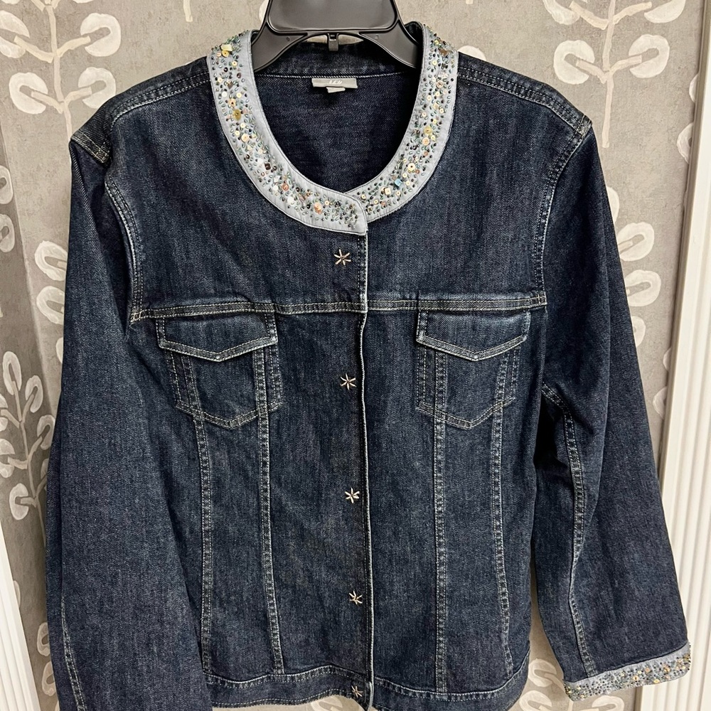 J Jill Denim Jean Jacket, XL, with Beaded Embellishments, Excellent Condition